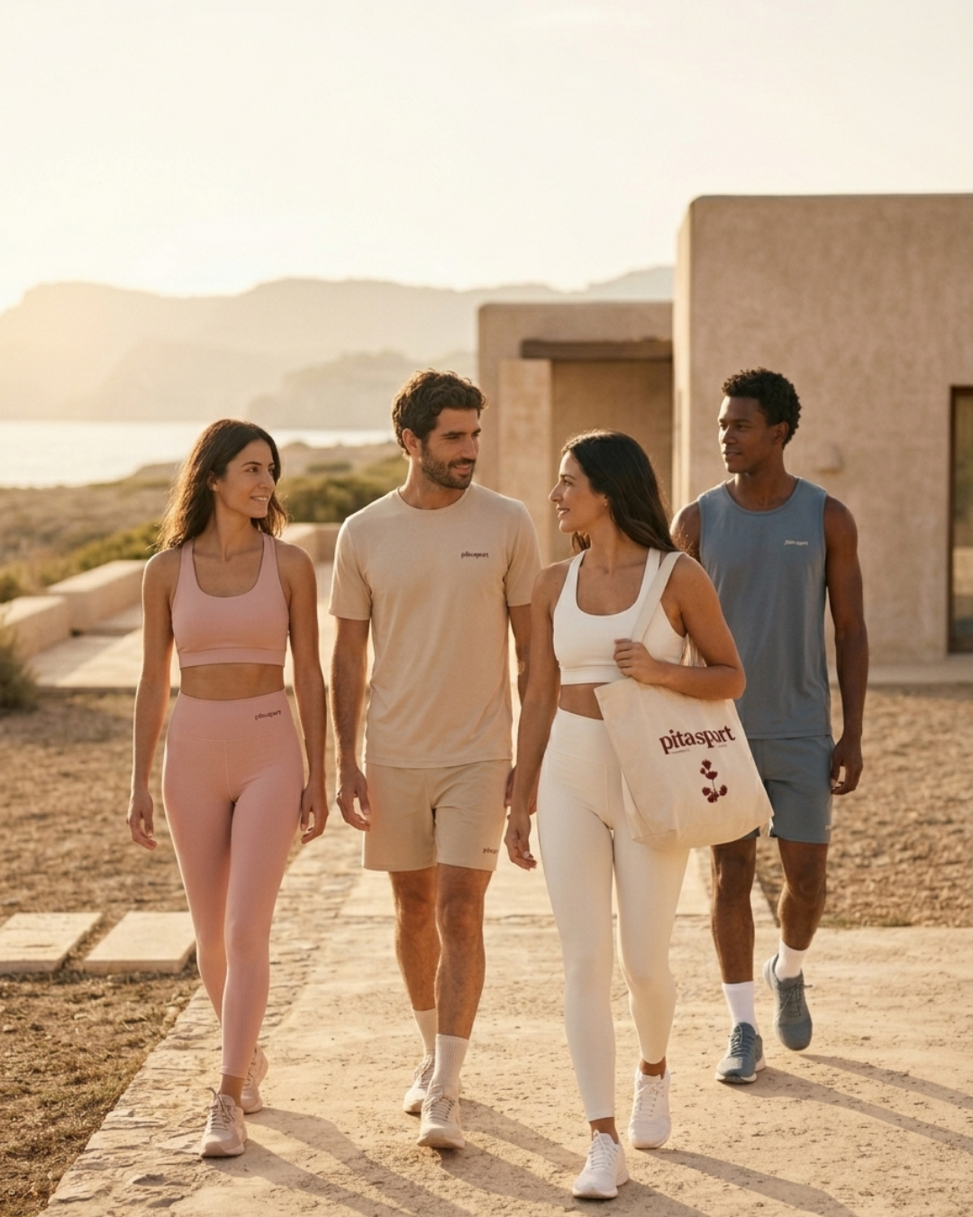 Grupo de amigos haciendo senderismo al atardecer